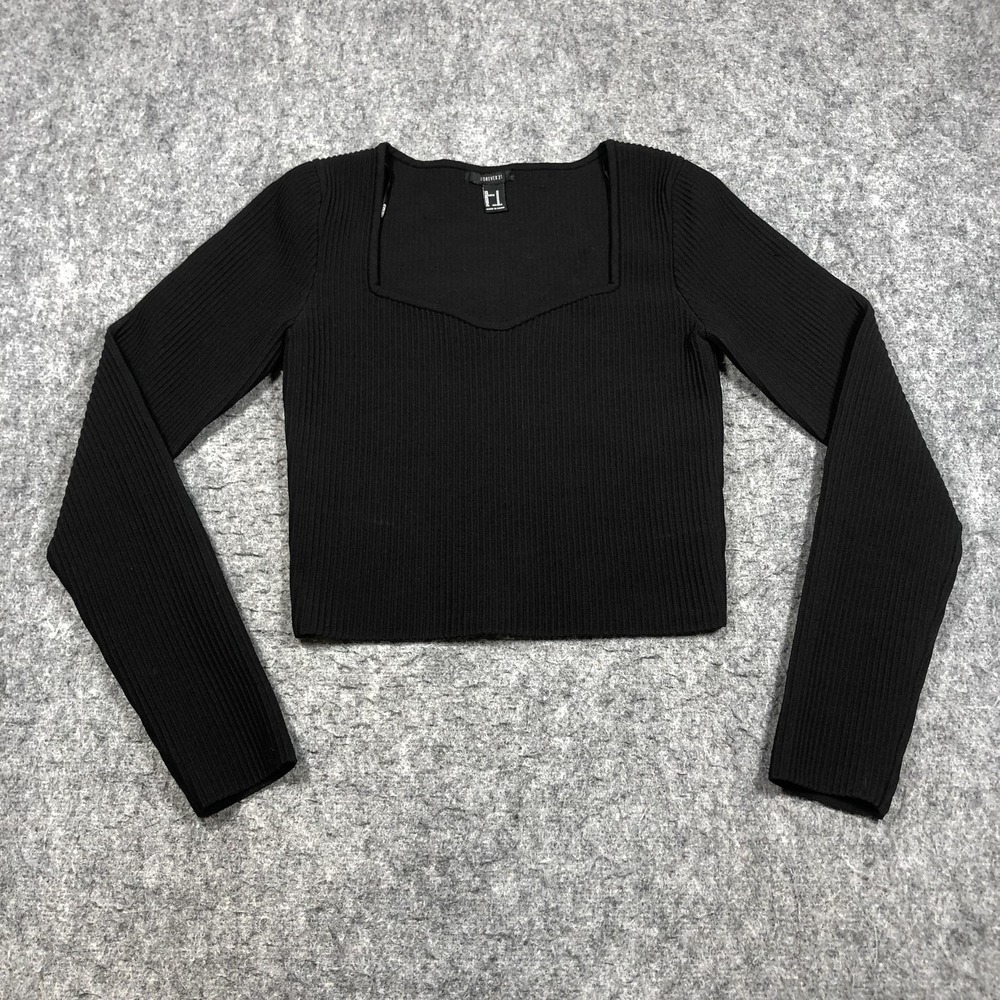 Forever 21 Sweater Womens M Black Ribbed Square Neck Long Sleeve Cropped Knit